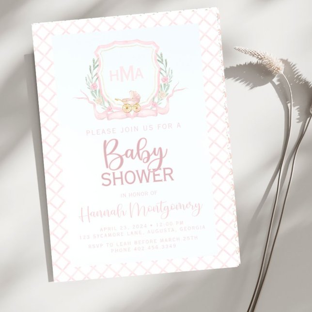 Invitación Monograma Baby Shower de transporte de bebé rosado (Subido por el creador)
