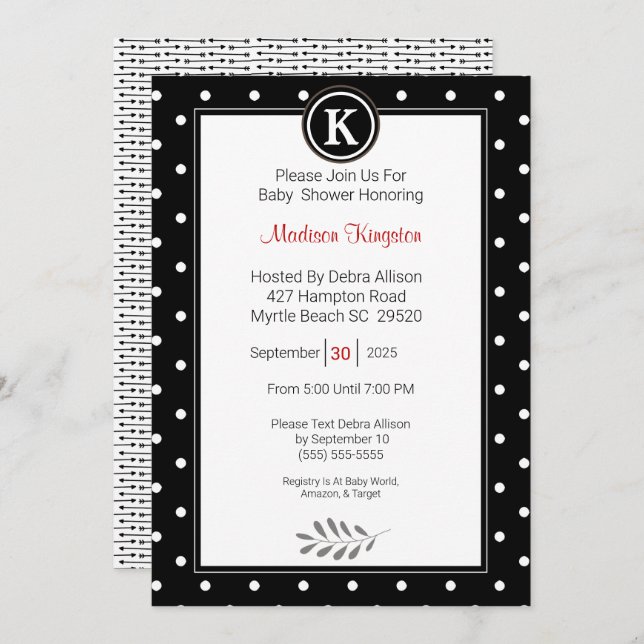 Invitación Monograma Baby Shower en blanco y negro (Anverso / Reverso)