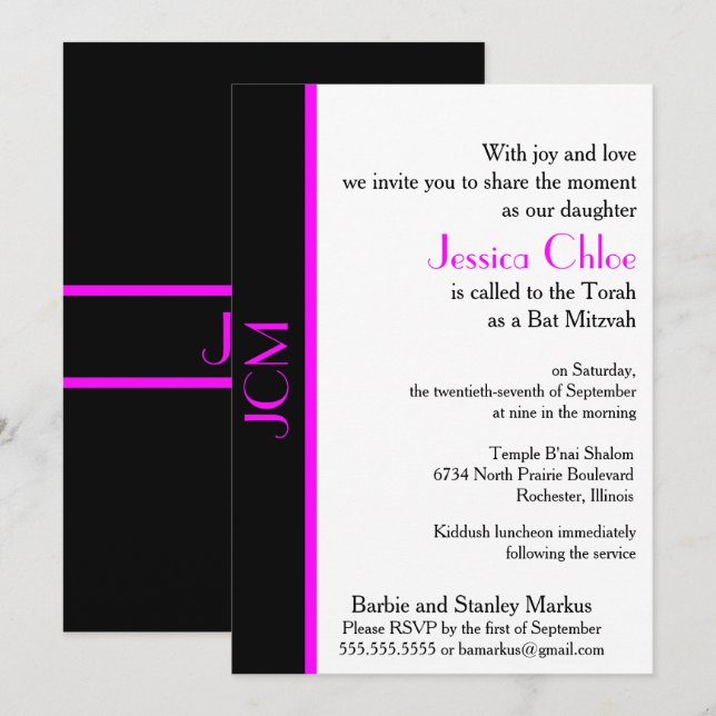 Invitación Monograma Black Bat Mitzvah (Anverso / Reverso)
