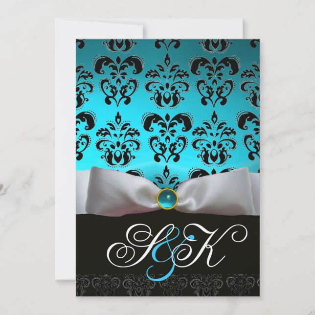 INVITACIÓN MONOGRAMA BLANCO DE RIBBON AQUA AZUL NEGRO DE DAMA (Anverso)