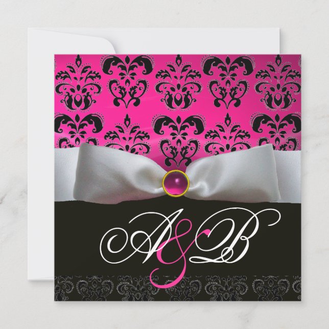 INVITACIÓN MONOGRAMA BLANCO DE RIBBÓN ROSA PURPLE NEGRO DAMAS (Anverso)