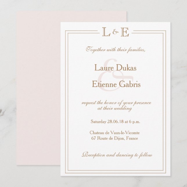 Invitación Monograma blanco dorado ampersor y boda moderno (Anverso / Reverso)