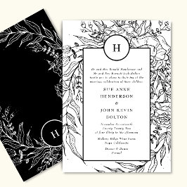 Invitación Monograma blanco elegante premium Wreath negro