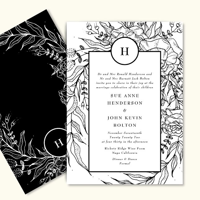 Invitación Monograma blanco elegante premium Wreath negro (Subido por el creador)