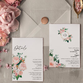 Invitación Monograma Blanco Floral De Rubor Todo En Un Boda