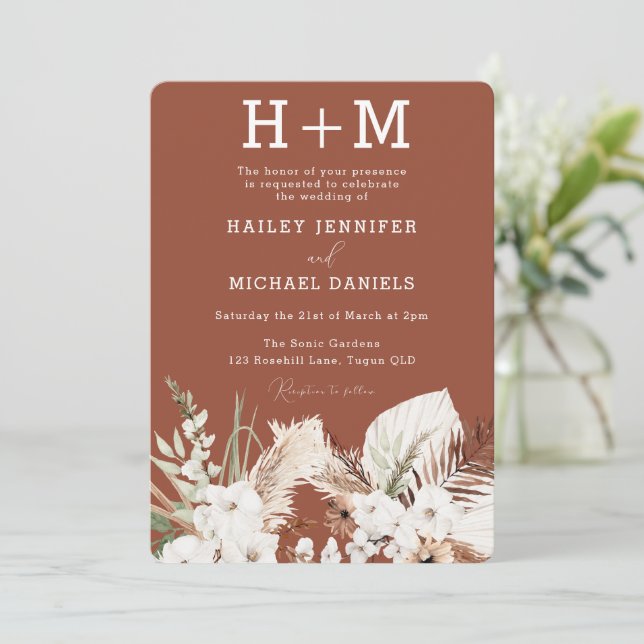 Invitación Monograma blanco Floral Terracotta Boho Boda (Anverso de pie)