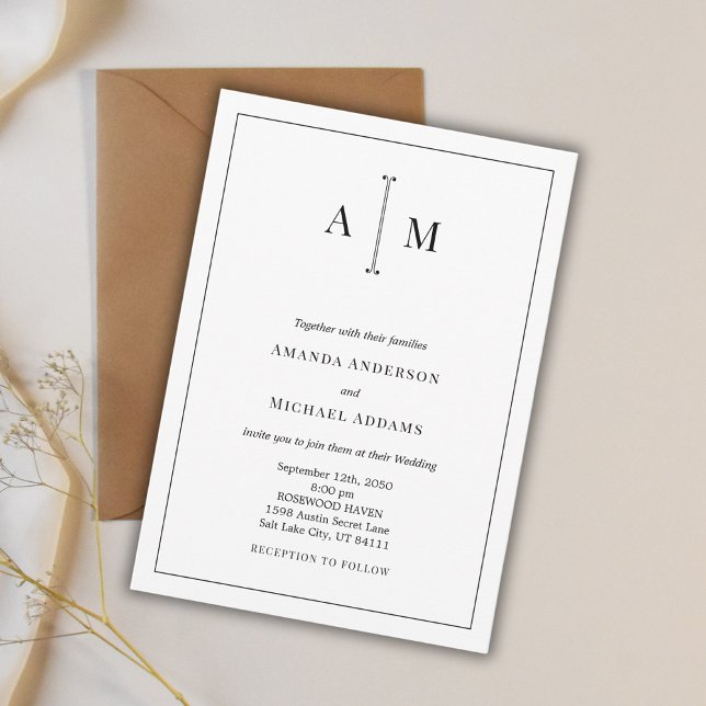 Invitación Monograma blanco negro Boda de borde simple mínimo (Subido por el creador)