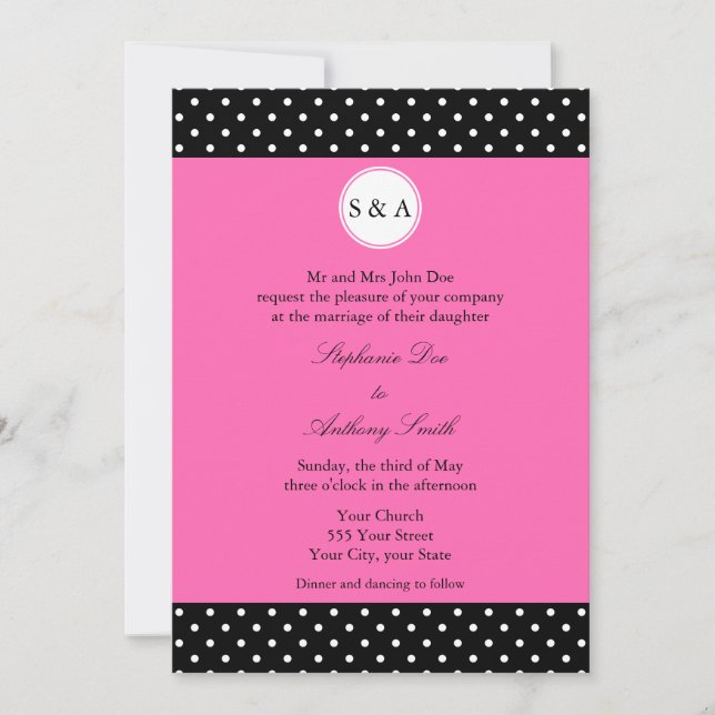 Invitación Monograma Blanco Negro, Boda de Punto de Polka Ros (Anverso)