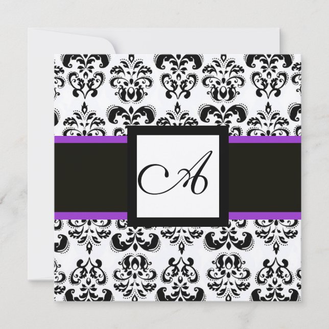 Invitación MONOGRAMA BLANCO NEGRO DAMASK Champagne Metálico (Anverso)