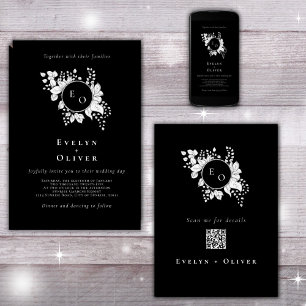 Invitación Monograma blanco negro Floral QRCode Boda elegante