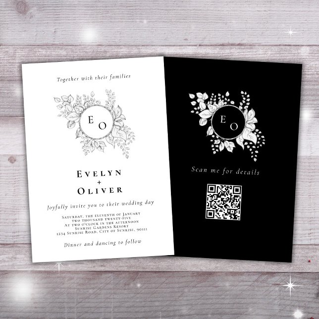 Invitación Monograma blanco negro Floral QRCode Boda elegante (Subido por el creador)