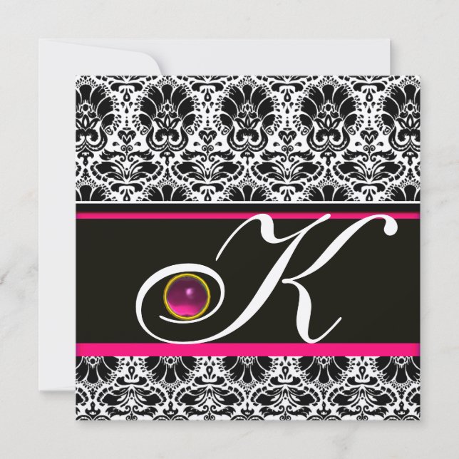 Invitación MONOGRAMA BLANCO NEGRO ROSA DAMASK Amethyst Metall (Anverso)