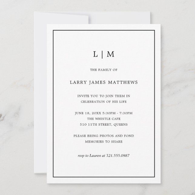Invitación Monograma blanco negro simple celebración de la vi (Anverso)