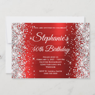 Invitación Monograma blanco rojo Purpurina plateado 40 cumple
