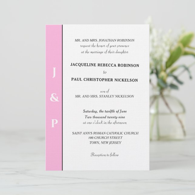 Invitación Monograma blanco rosa pastel minimalista (Anverso de pie)