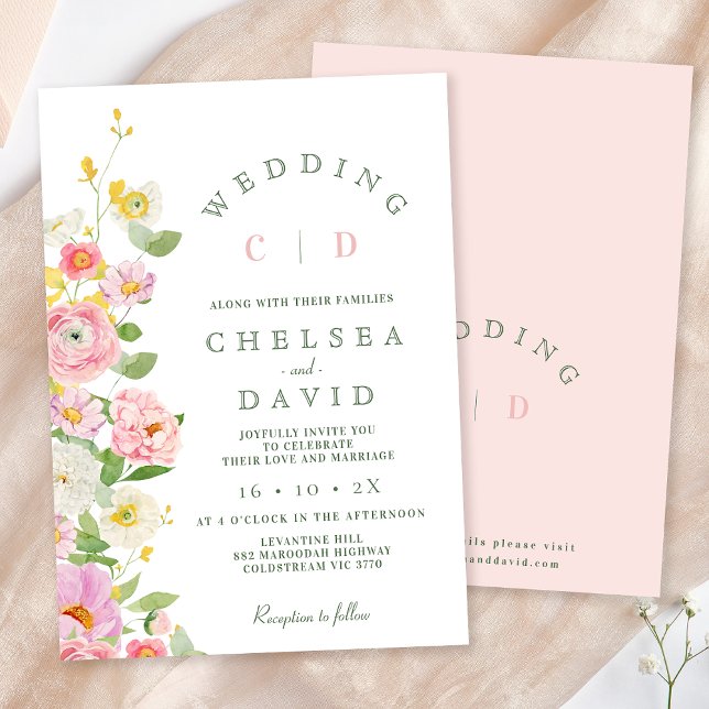 Invitación Monograma blanco rosado moderno Boda floral (Modern Floral Wedding Invitation Template, Pink Floral Wedding Invitation, Spring Pastel Floral )