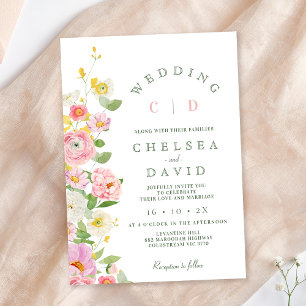 Invitación Monograma blanco rosado moderno Boda floral