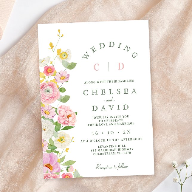 Invitación Monograma blanco rosado moderno Boda floral (Pastel Floral Wedding Invitation Template, Pink Floral Wedding Invitation, Spring Floral Wedding )
