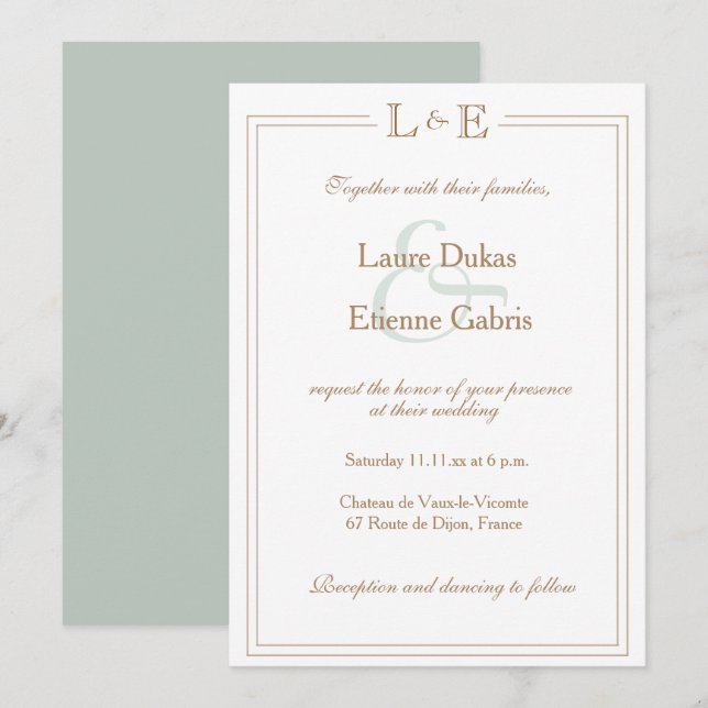 Invitación Monograma blanco sabio oro Ampersor y Boda moderno (Anverso / Reverso)