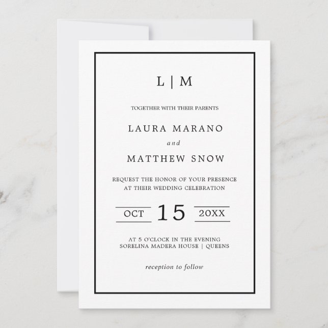 Invitación Monograma blanco simple Boda moderno (Anverso)
