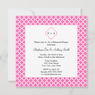Invitación Monograma blanco sobre patrón de quatrefoil rosa c