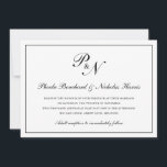 Invitación Monograma blanco tradicional Boda formal<br><div class="desc">La tradicional y elegante invitación a la boda horizontal con un diseño sencillo con su primer monograma y sus nombres en una elegante caligrafía dentro de un delgado borde. El trasero es negro sólido. Este diseño clásico en blanco y negro es perfecto para un boda formal.</div>