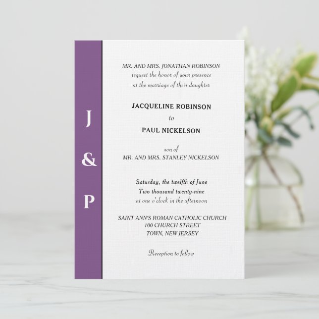 Invitación Monograma blanco violeta y polvoriento minimalista (Anverso de pie)