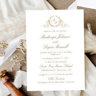 Invitación Monograma blanco y dorado de moda, Boda caligráfic