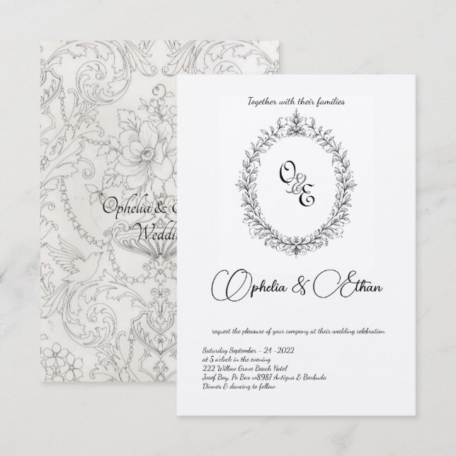 Invitación Monograma blanco y negro boda escudo victoriano (Anverso / Reverso)