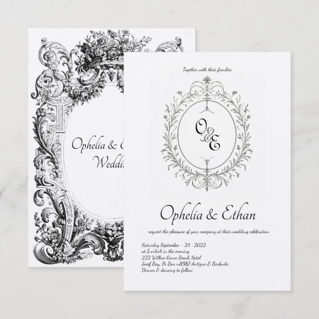 Invitación Monograma blanco y negro escudo victoriano (Anverso / Reverso)