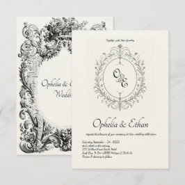 Invitación Monograma blanco y negro escudo victoriano