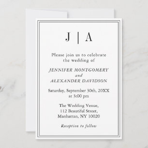 Invitación Monograma Blanco Y Negro Moderno Boda Simple