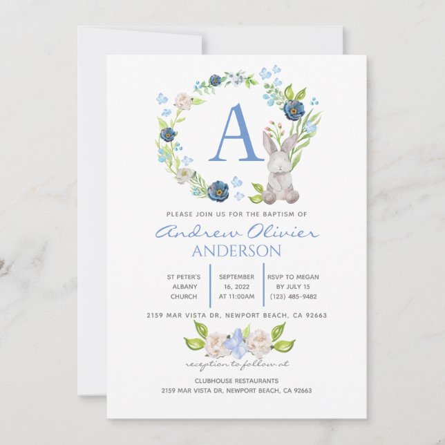 Invitación Monograma Blue Floral Greeneration Baptism Boy (Anverso)
