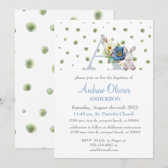 Invitación Monograma Blue Floral Greeneration Baptism Boy (Anverso / Reverso)