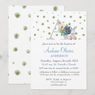 Invitación Monograma Blue Floral Greeneration Baptism Boy