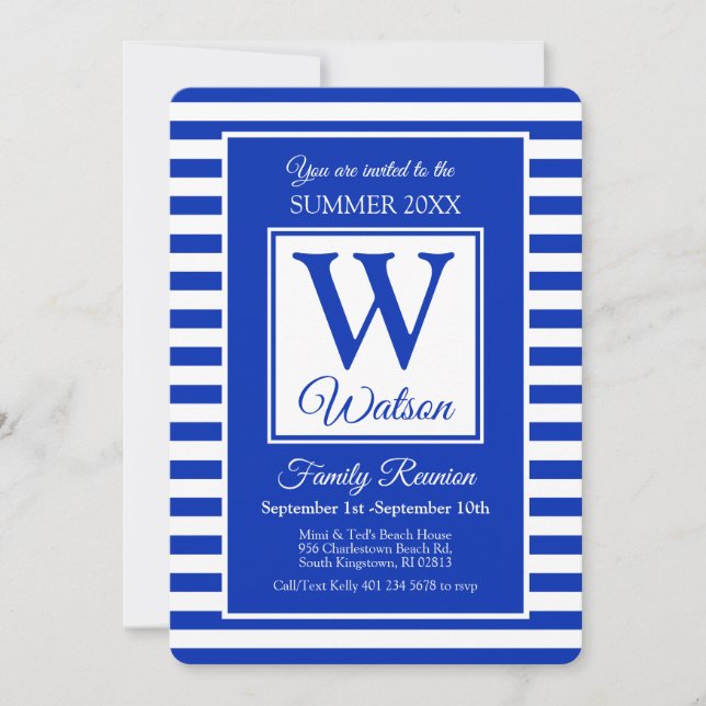 Invitación Monograma Blue Stripes Reunión familiar de verano (Anverso)