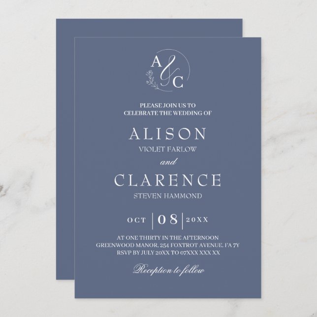 Invitación Monograma Boda azul de lujo (Anverso / Reverso)