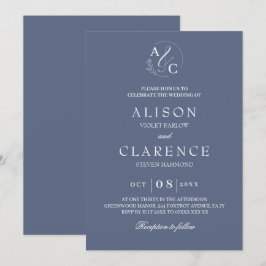 Invitación Monograma Boda azul de lujo