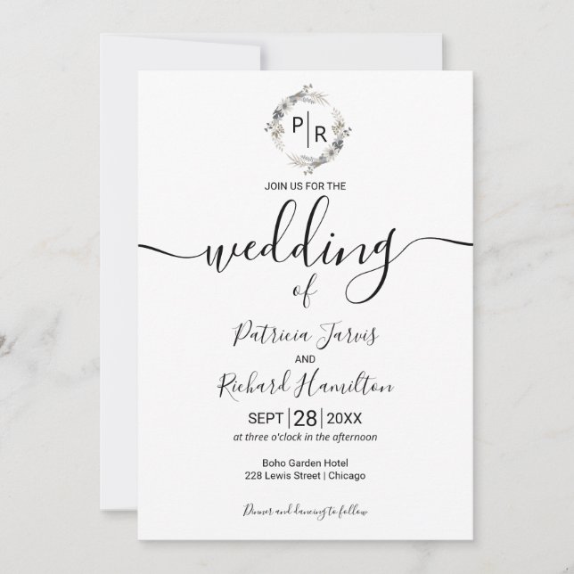 Invitación Monograma Boda Caligrafía floral moderna (Anverso)