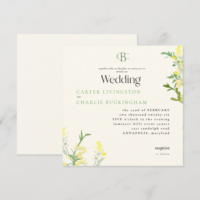 Invitación Monograma Boda cuadrado amarillo de flores silvest (Anverso / Reverso)