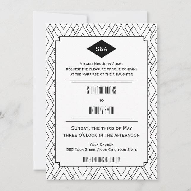 Invitación Monograma Boda de Art Deco Negro y Blanco (Anverso)
