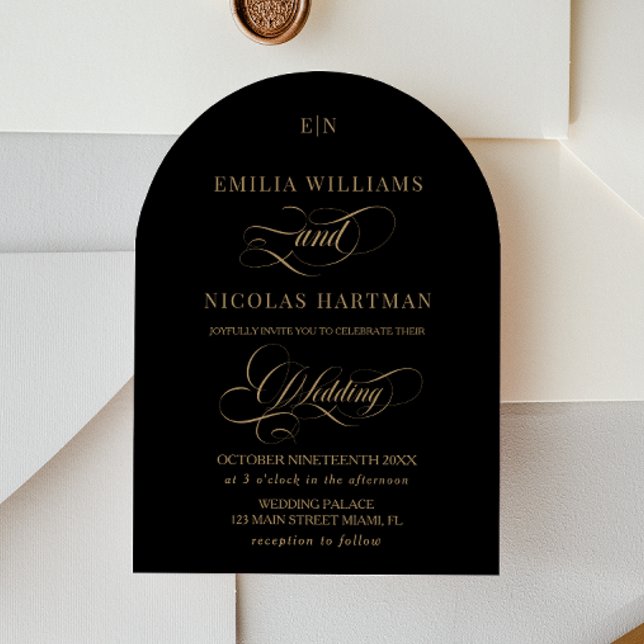 Invitación Monograma Boda de caligrafía elegante de oro negro (Subido por el creador)