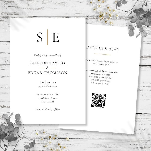 Invitación Monograma Boda de código QR negro dorado (Monogram Gold Black QR Code Wedding Invitation)