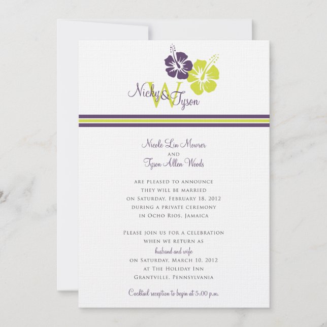 Invitación Monograma Boda de flores de Hibiscus (Anverso)