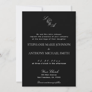 Invitación Monograma Boda de flores silvestres en blanco y ne
