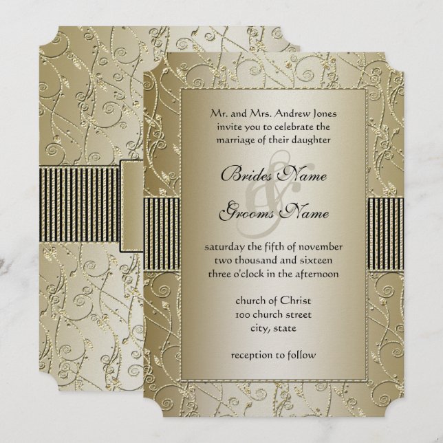 Invitación Monograma Boda de giro negro y dorado (Anverso / Reverso)