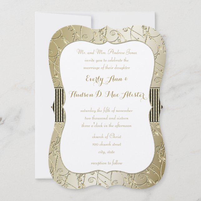 Invitación Monograma Boda de giro negro y dorado (Anverso)