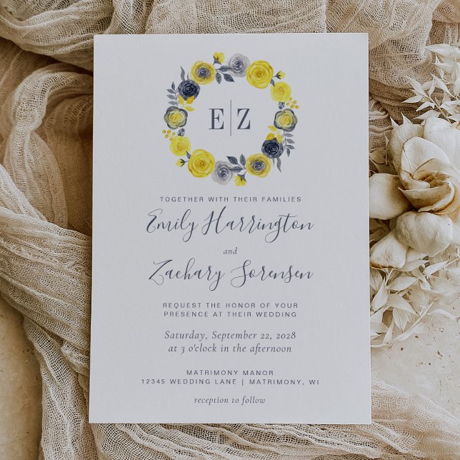Invitación Monograma Boda de guirnalda floral gris amarillo (Subido por el creador)