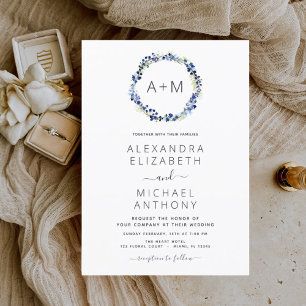 Invitación Monograma Boda de guirnaldas con flores azules