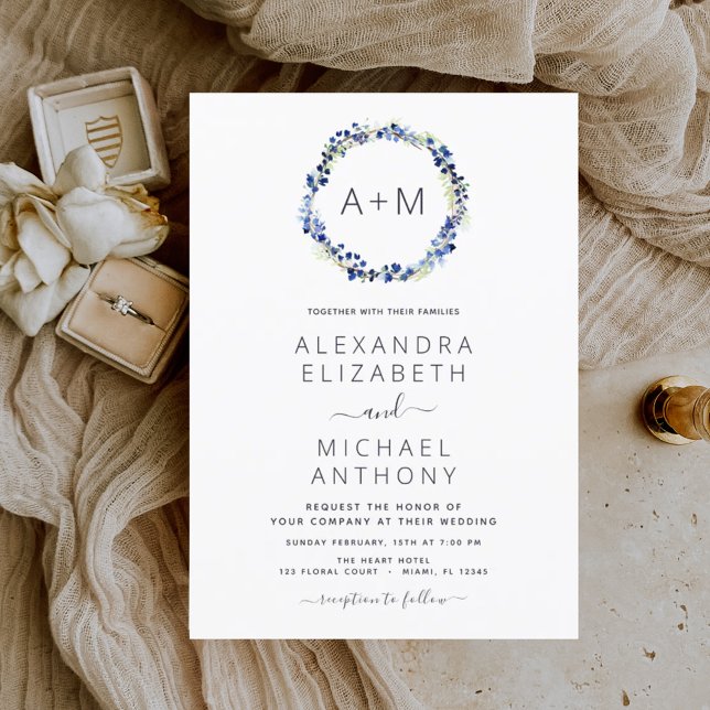Invitación Monograma Boda de guirnaldas con flores azules (Subido por el creador)
